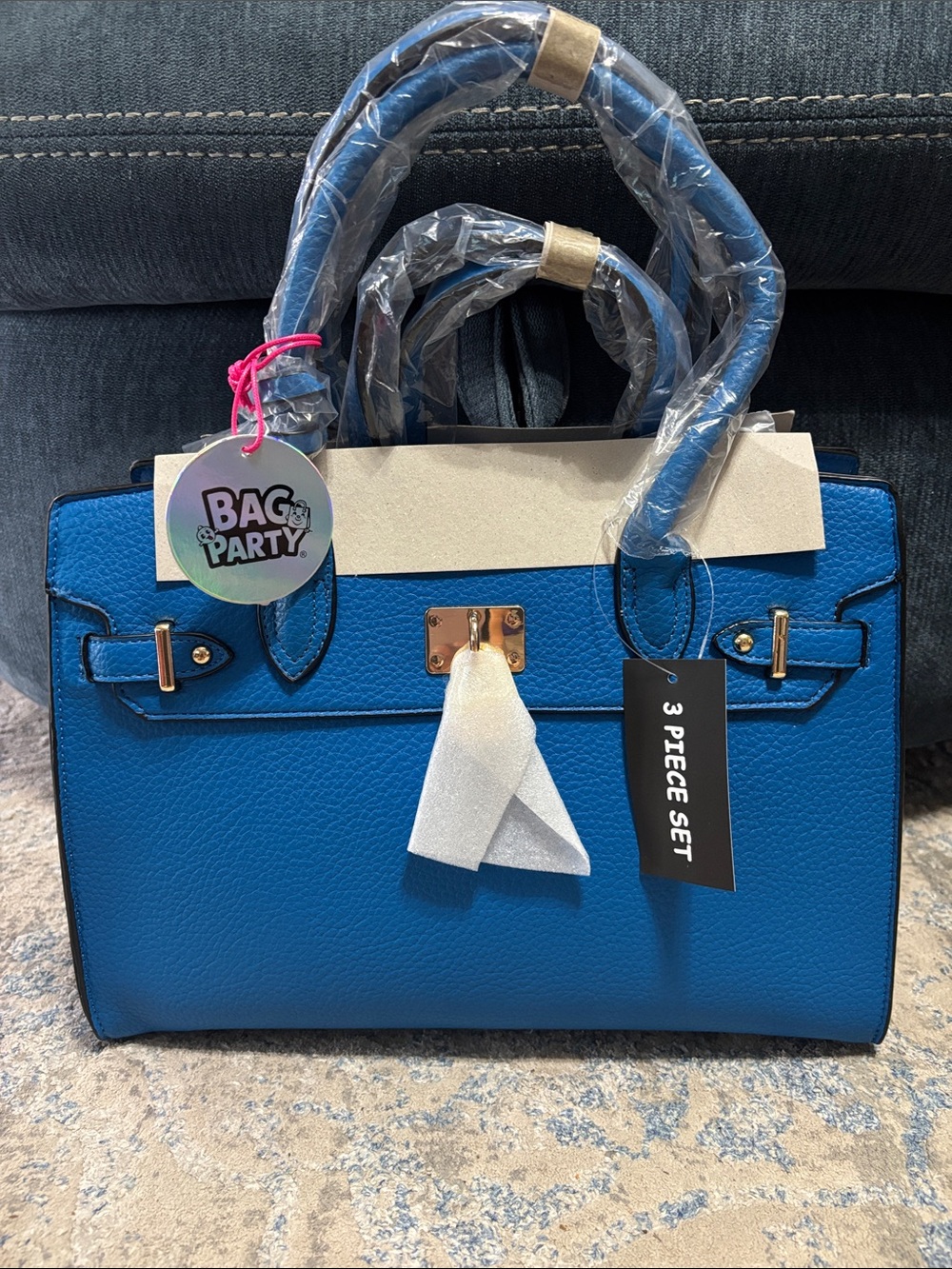 Blue Structured Satchel Handbag - 3 Piece Set